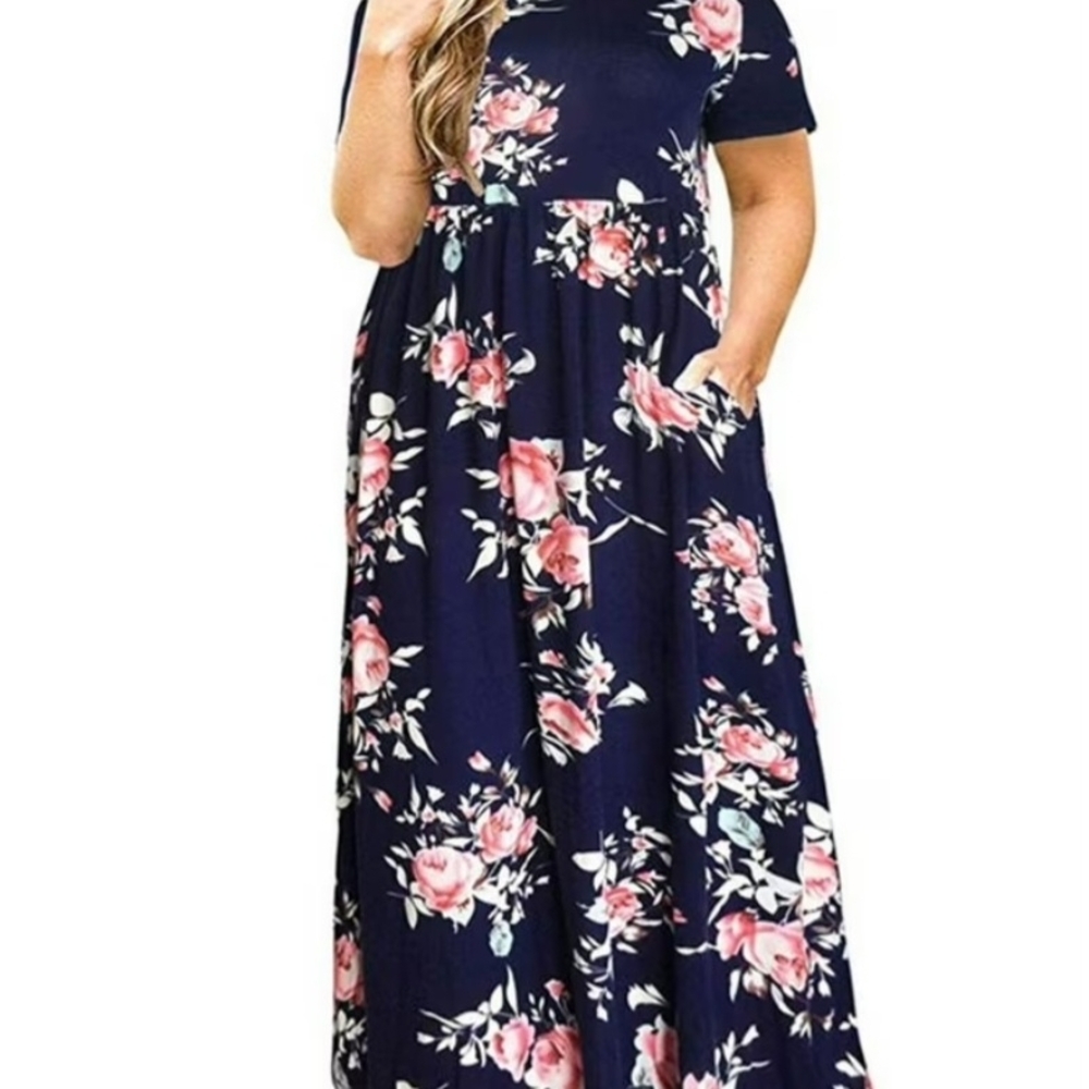 Floral A-Line Maxi Skirt - Navy with Pink Blooms
